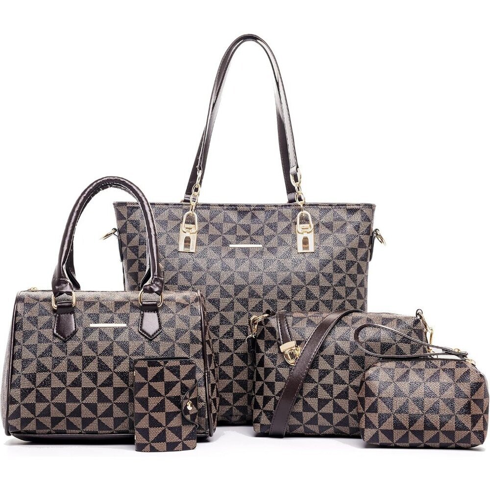 Women's Brownn Faux leather Zipper Simple Stylish Top Handle 6pcs Tote Hand Bag